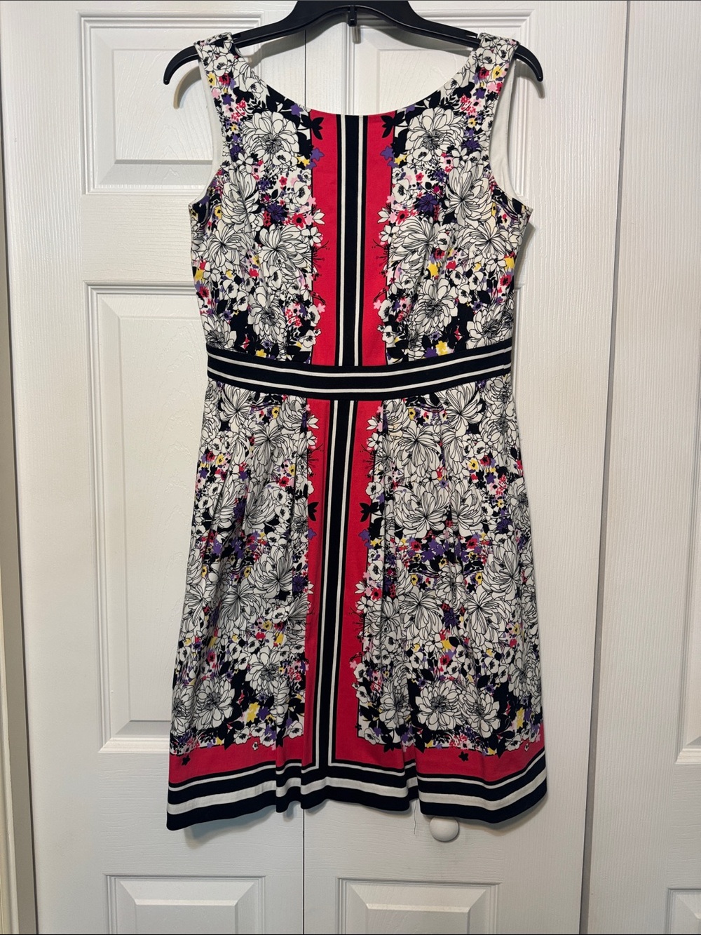 New York & Company Black, White and Pink Floral Fit-and-Flare Midi Dress